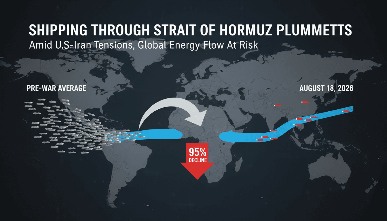 Infographic showing the decline in vessel transits through the Strait of Hormuz compared to pre-war levels.