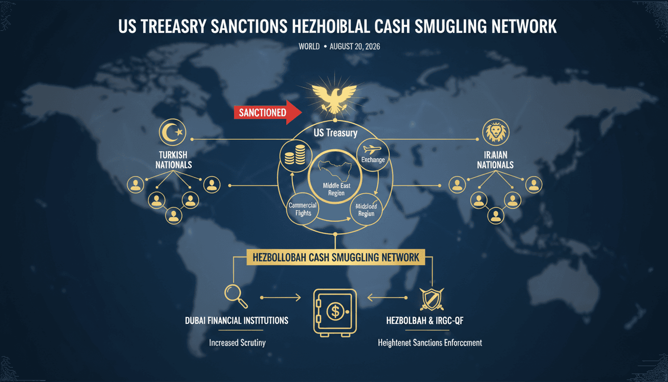 Infographic showing Hezbollah's cash smuggling routes and key players involved in the network.