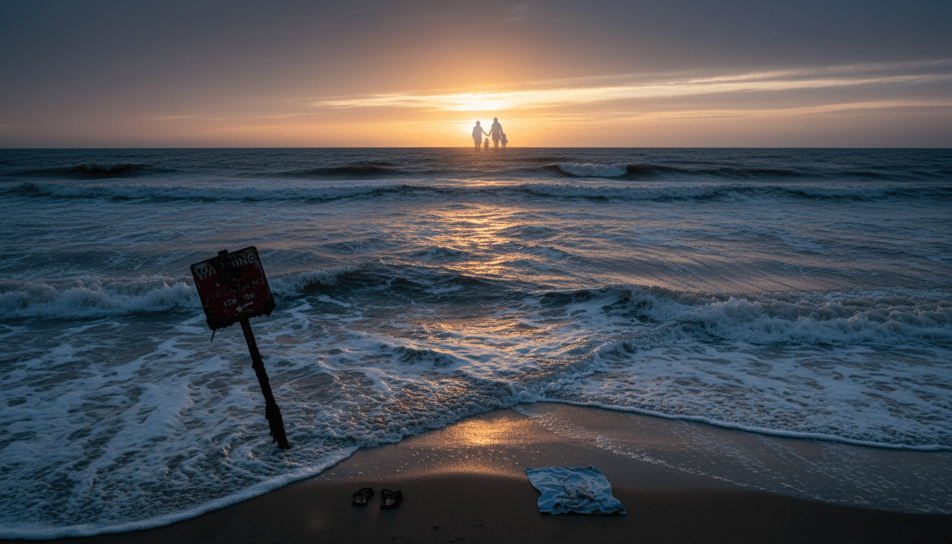 A serene view of Shoreham-by-Sea coastline, highlighting the dangers of swimming in rough seas.