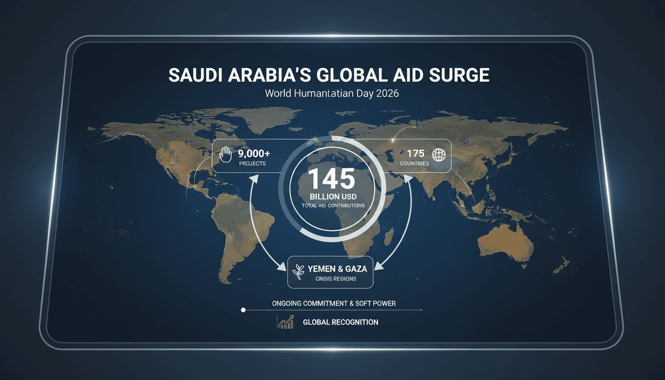 Infographic detailing Saudi Arabia's humanitarian aid contributions and key projects worldwide.