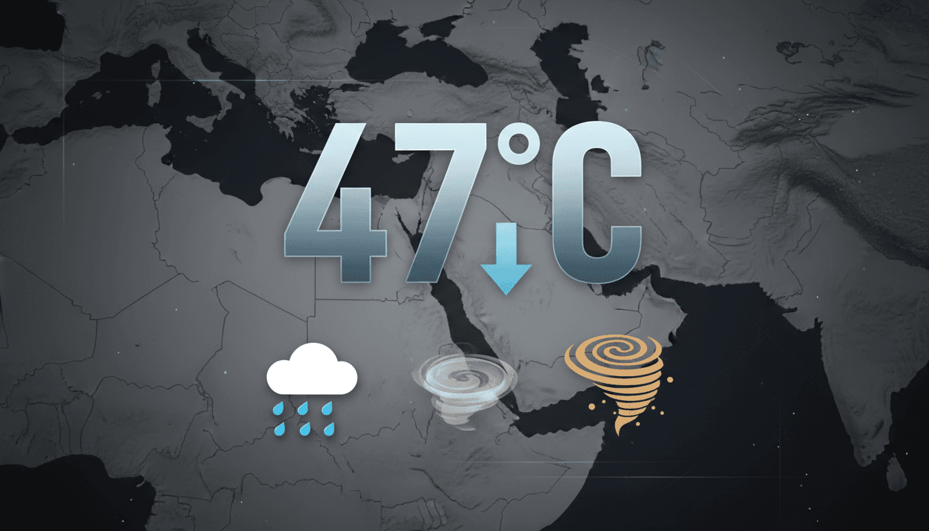 A weather graphic showing the UAE forecast with a temperature drop to 47°C, rain, fog, and dust icons.