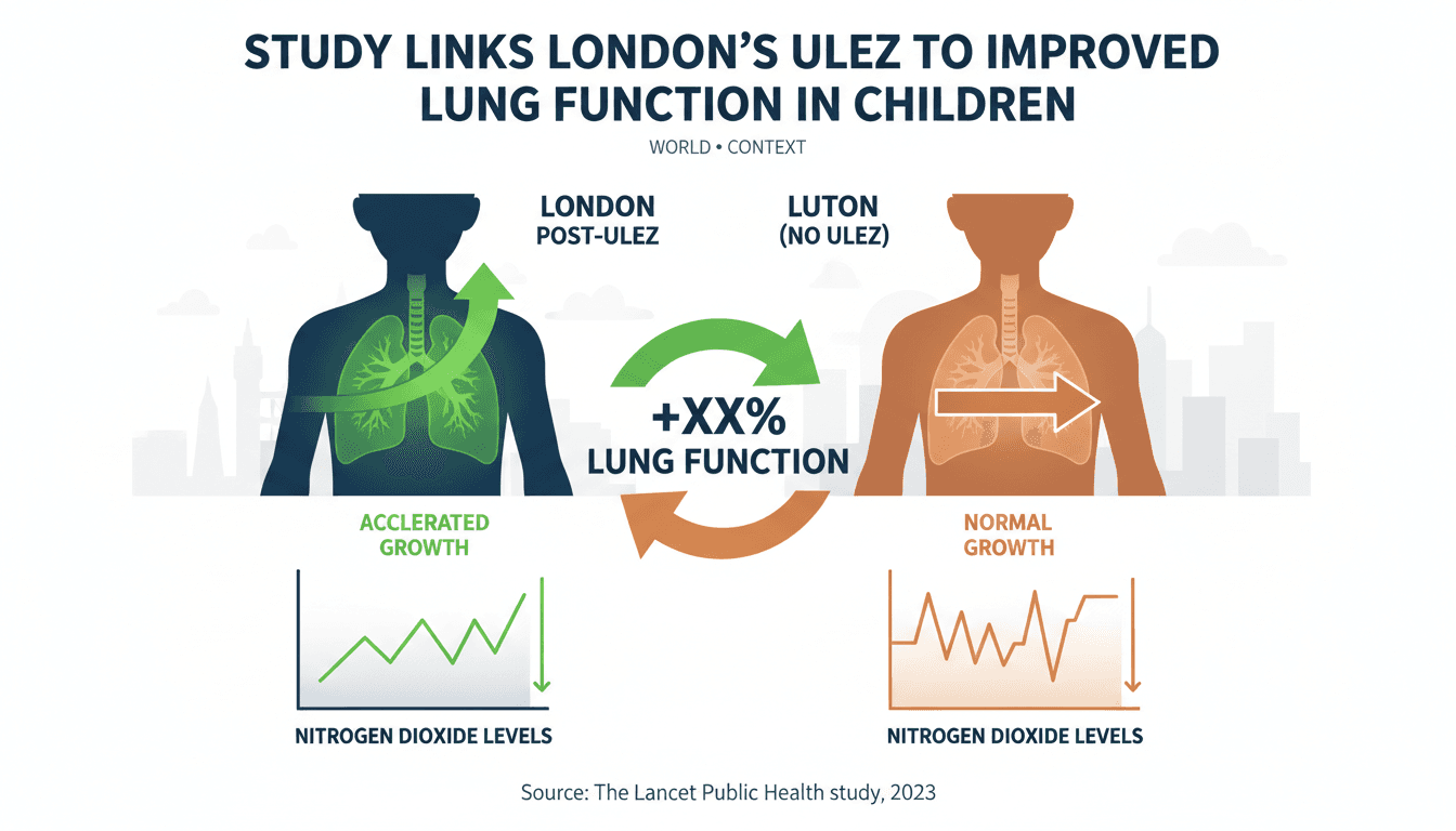 Infographic comparing lung function growth in children from London and Luton after ULEZ implementation.