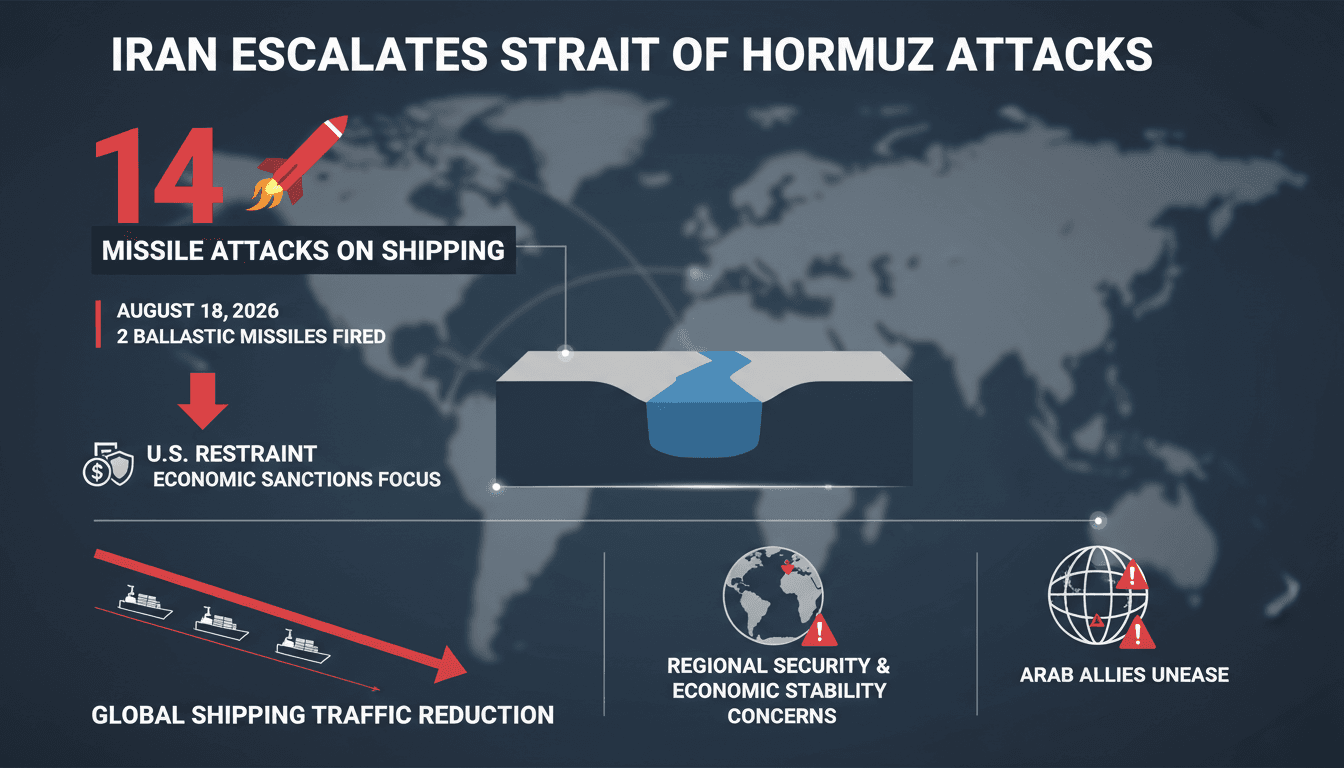 Infographic showing Iranian missile attacks on commercial shipping in the Strait of Hormuz and their impact on global trade.
