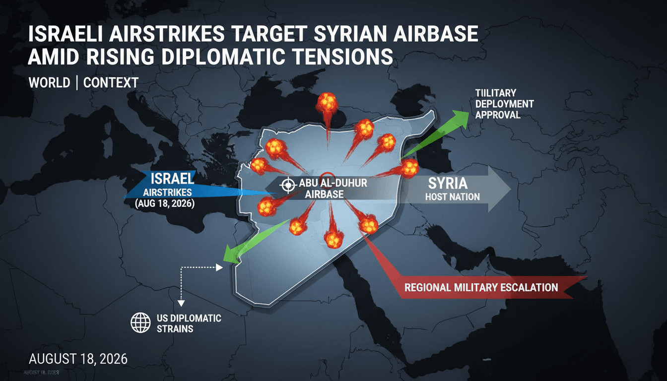 Map showing Israeli airstrikes on Abu al-Duhur airbase and key geopolitical players involved.