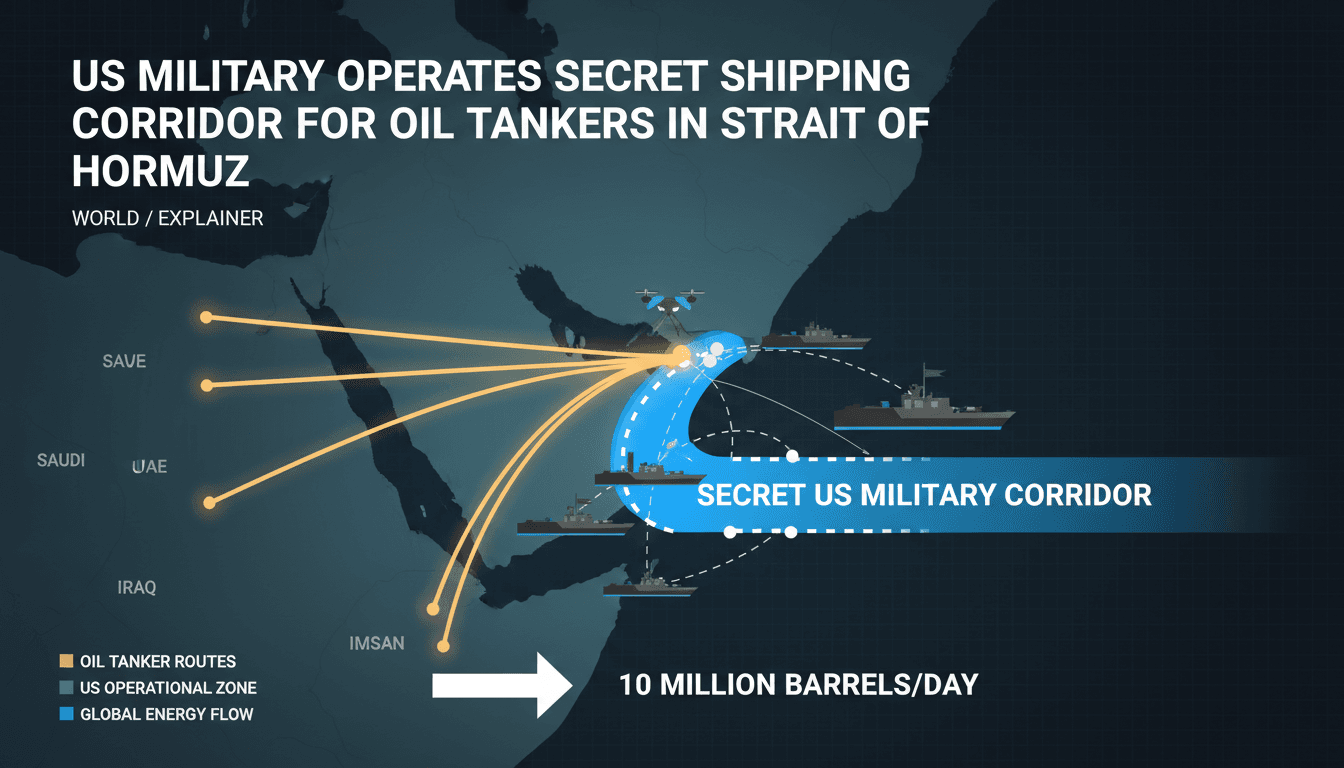 A map showing the US military's secret oil shipping corridor in the Strait of Hormuz and its impact on global energy markets.