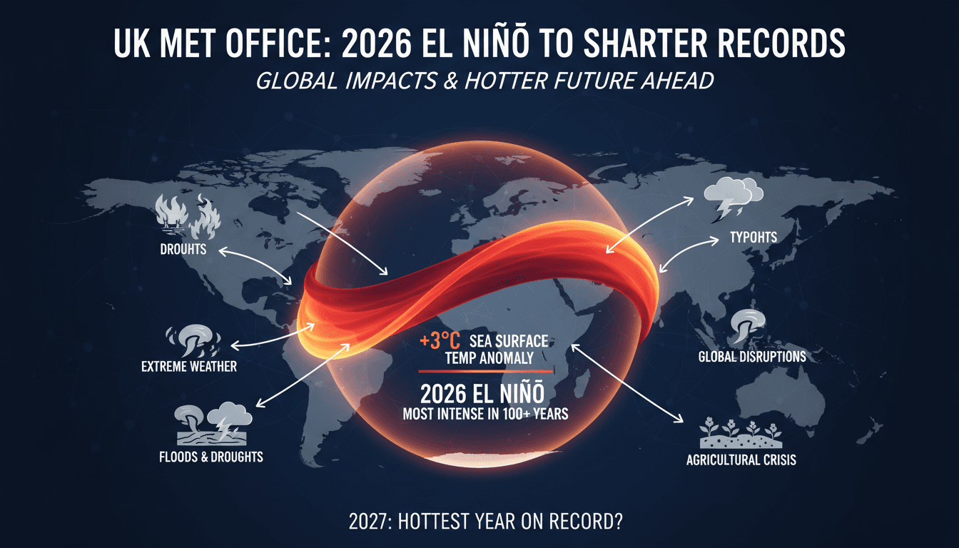 Infographic showing projected sea surface temperature anomalies for the 2026 El Niño and its global impacts.