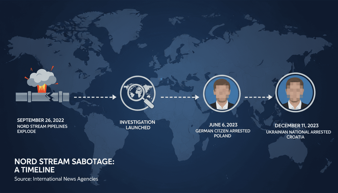 A map highlighting the Nord Stream pipeline route and locations of recent arrests related to the sabotage.