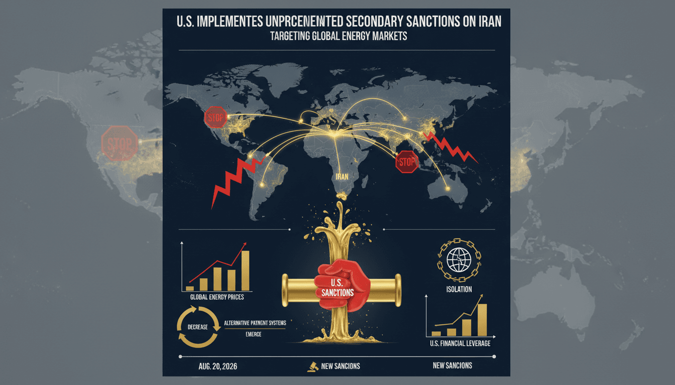 Infographic showing Iranian oil export routes and the impact of U.S. sanctions on global energy prices.