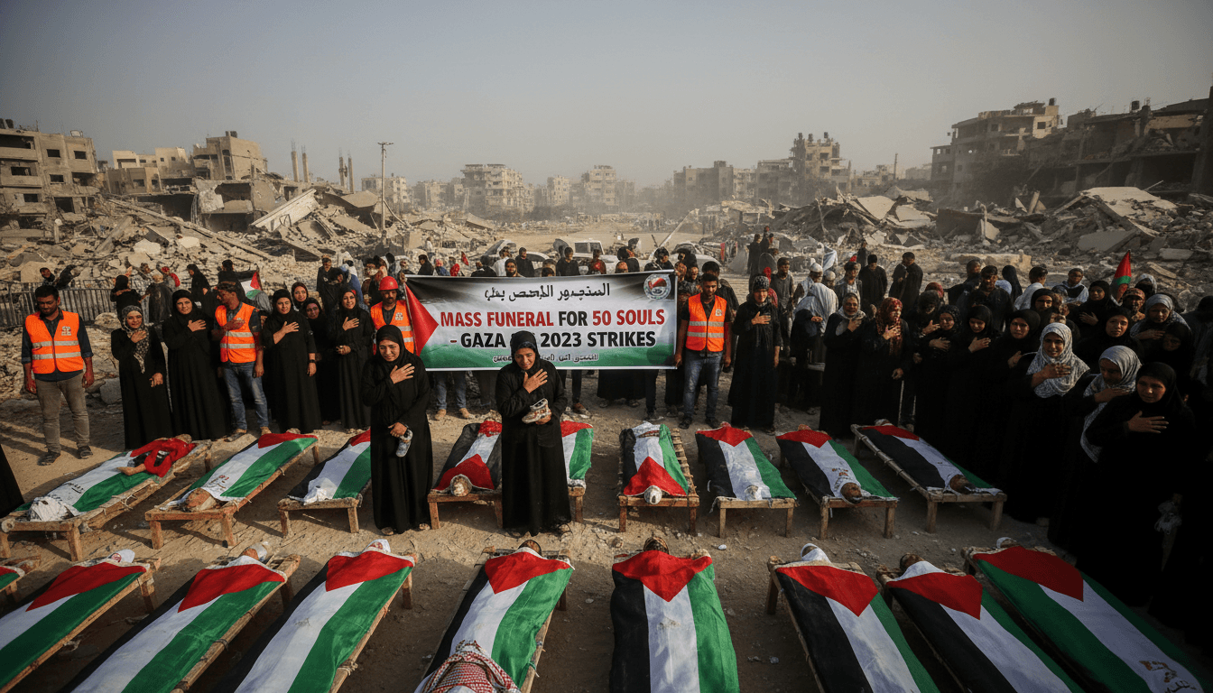 Mourners at a mass funeral in Gaza City for 50 individuals, emphasizing the humanitarian crisis and ongoing recovery efforts.