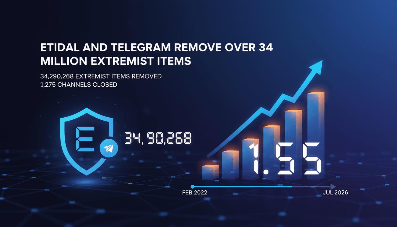 Infographic showing the removal of extremist content by Etidal and Telegram, highlighting the impact on digital safety.