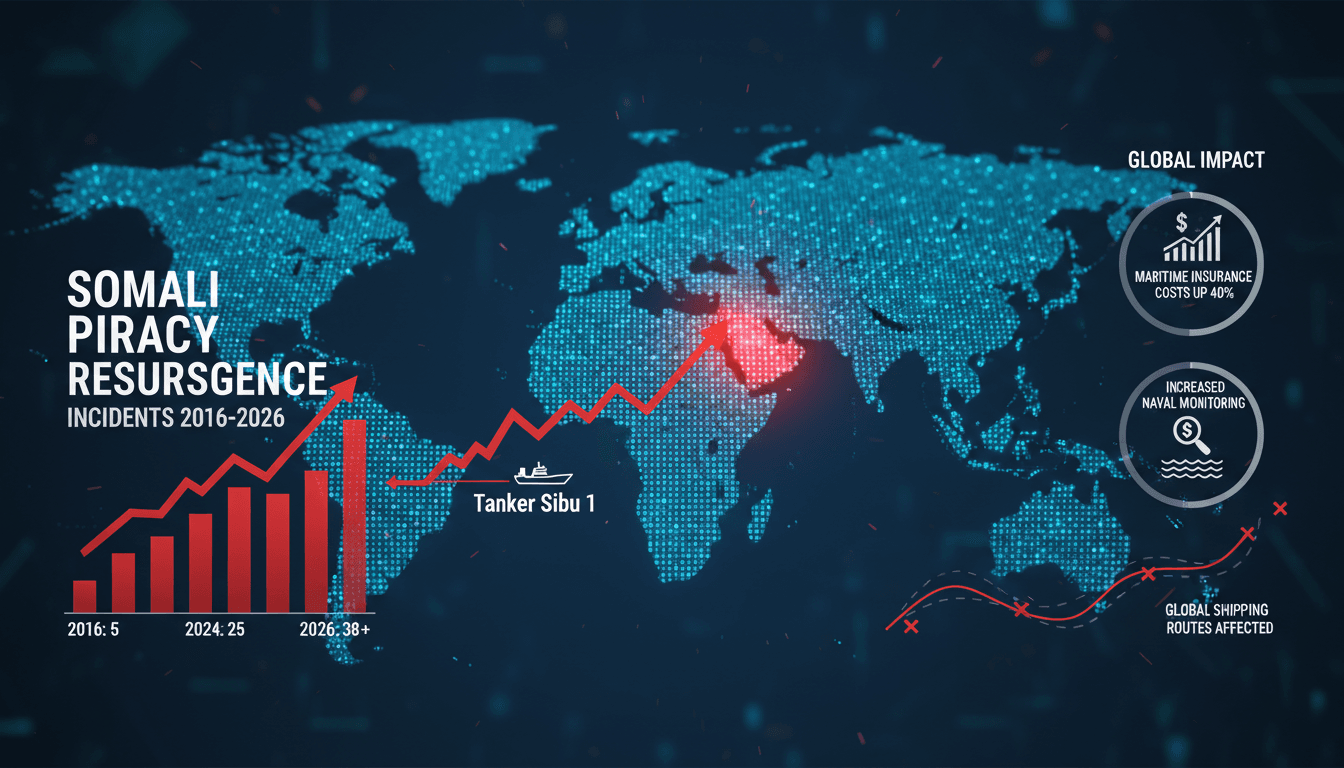 Infographic showing the rise of Somali piracy incidents and their impact on global shipping routes.