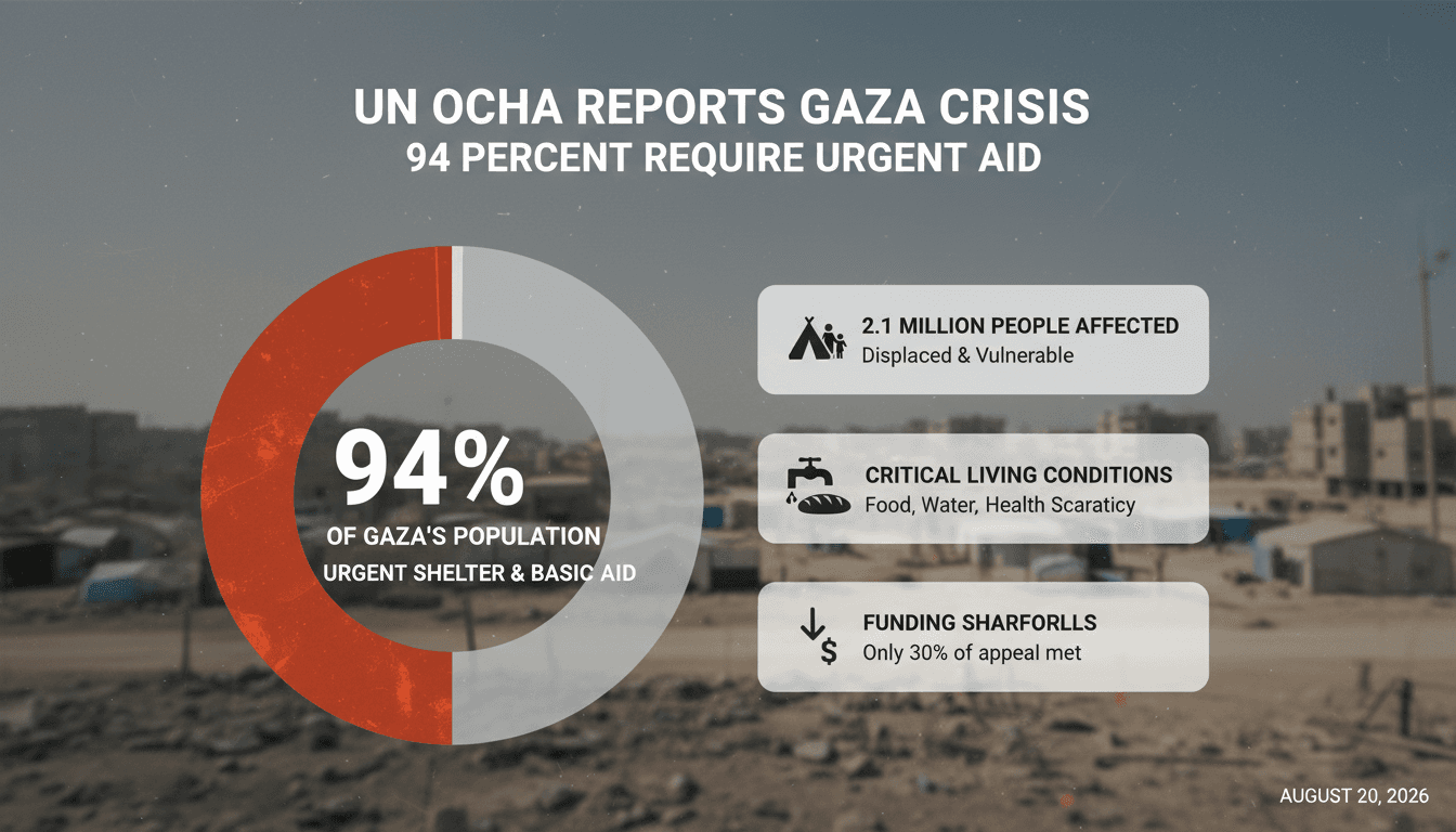 Infographic showing Gaza's population in need of aid and key statistics on living conditions and funding shortfalls.