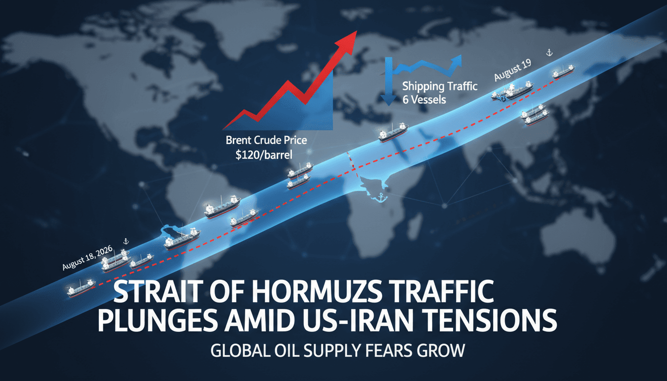Infographic showing the decline in shipping traffic through the Strait of Hormuz and rising Brent crude prices.