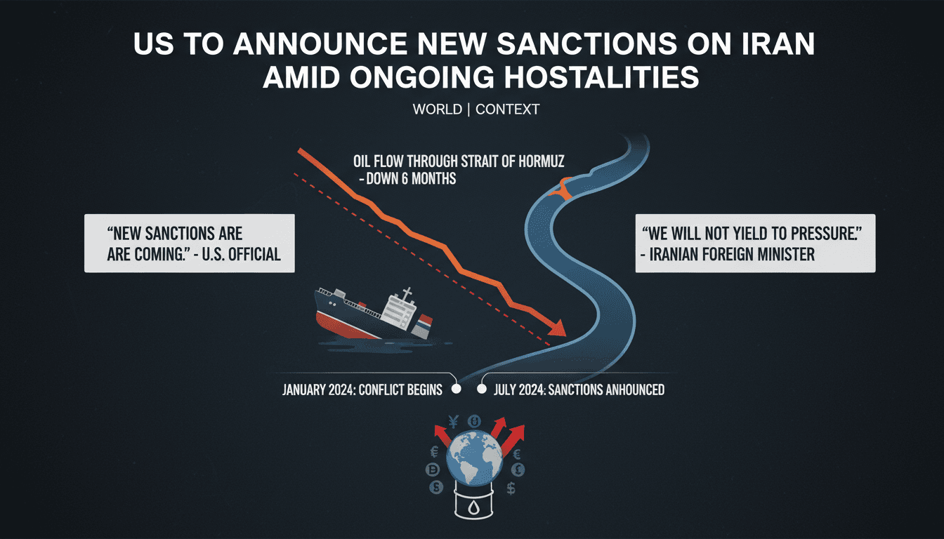 Infographic showing oil flow decline through the Strait of Hormuz and key quotes from U.S. and Iranian officials.