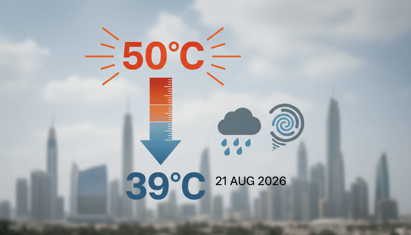 A graphic showing Dubai's temperature drop to 39°C with rain and humidity icons.