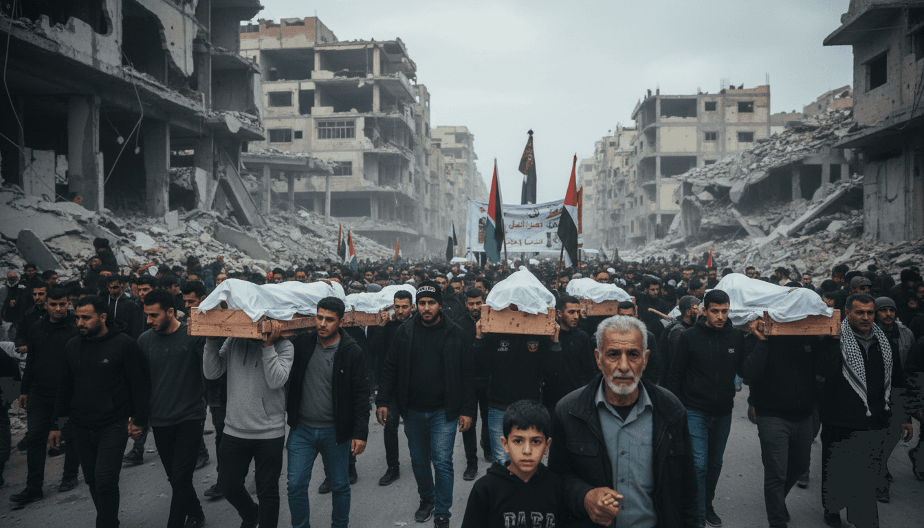 A somber scene from the mass funeral in Gaza City, showing mourners and the recovered remains of 50 individuals.