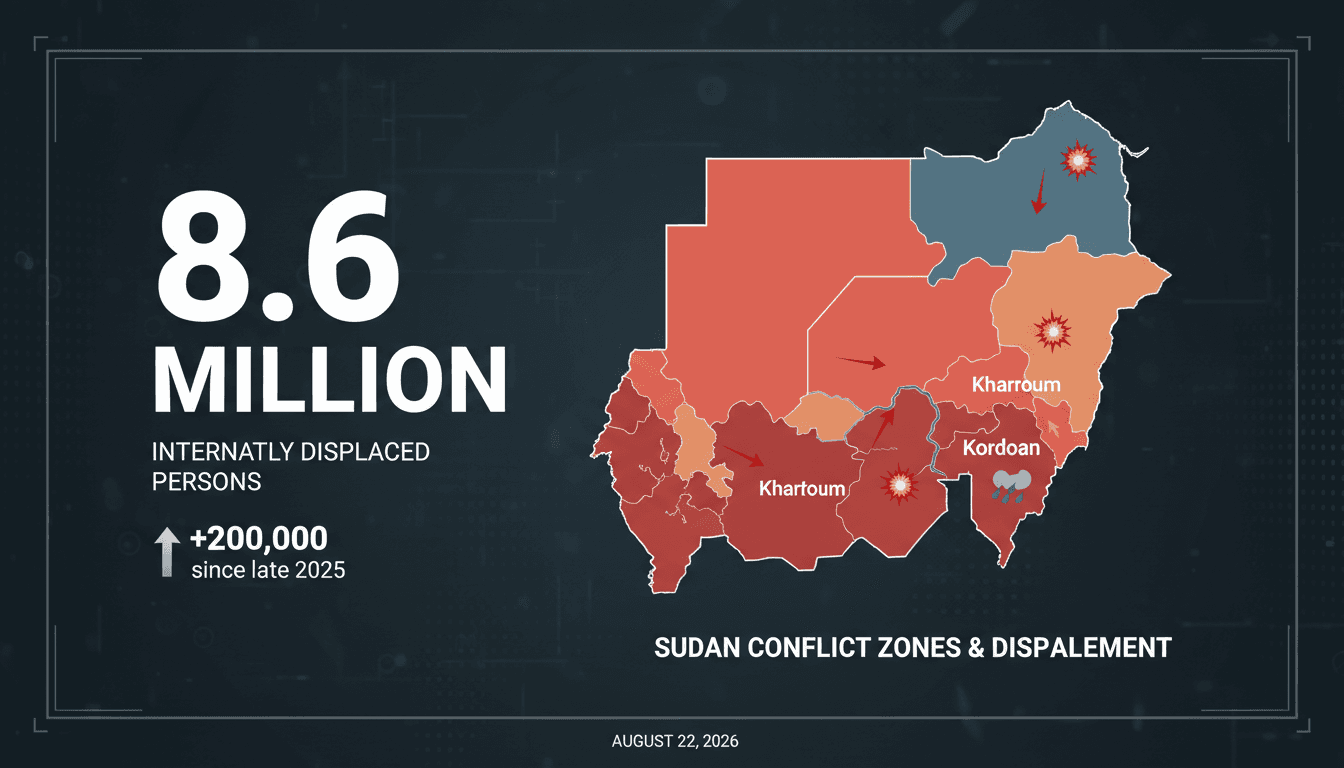 Infographic showing the number of internally displaced persons in Sudan and conflict zones on a map.