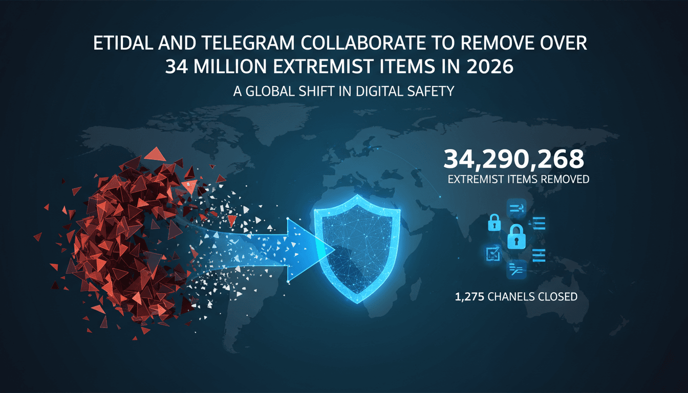 Infographic showing the removal of extremist content by Etidal and Telegram, highlighting digital safety efforts.