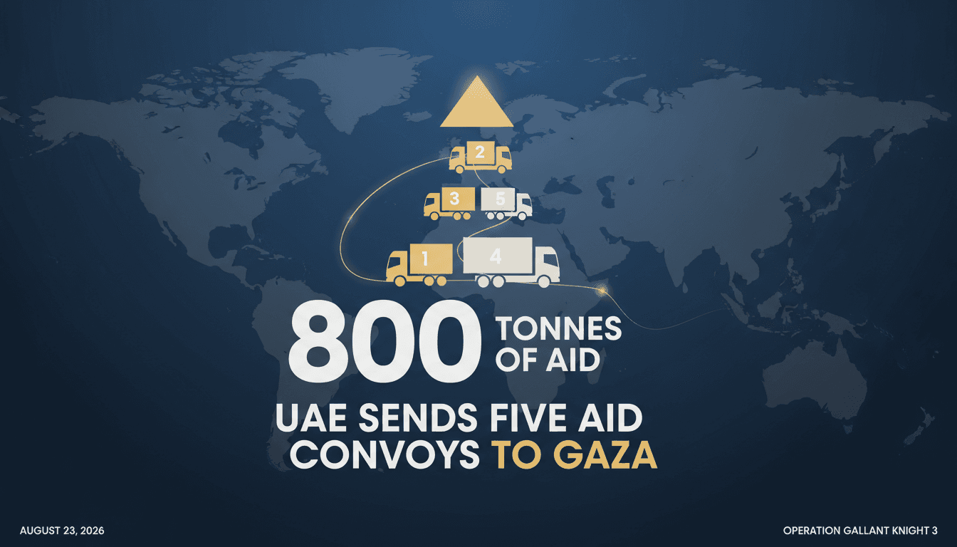 Infographic showing UAE aid convoys to Gaza, highlighting total aid amount and number of convoys.