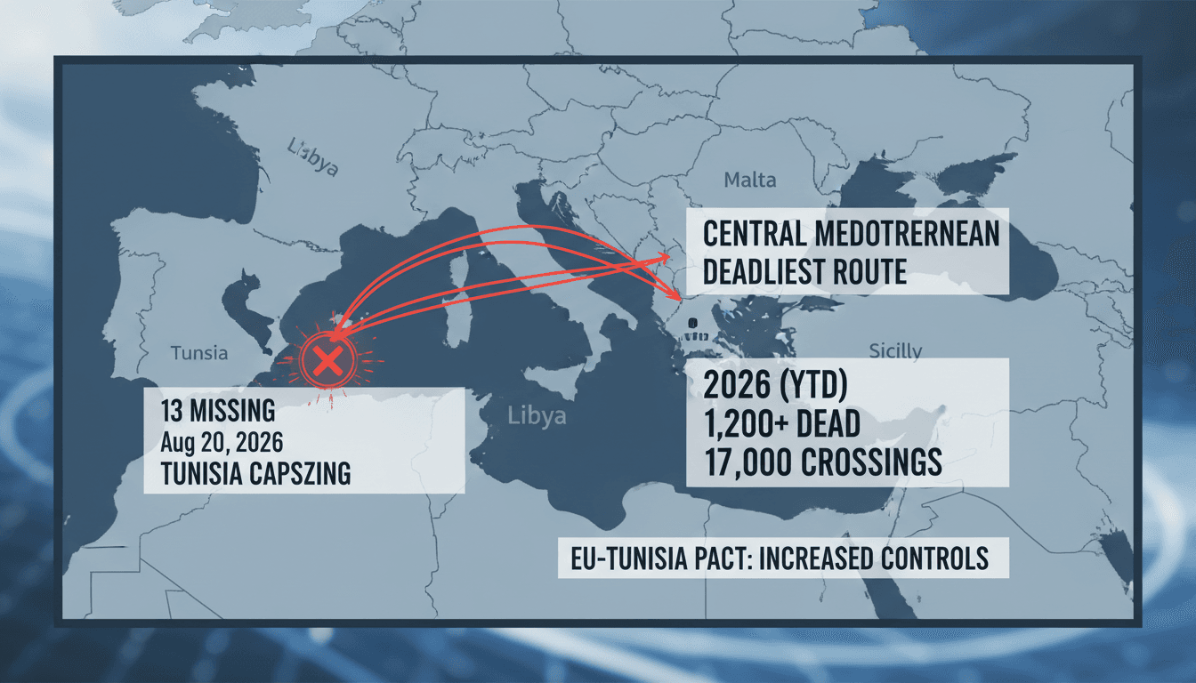 A map of the central Mediterranean highlighting migration routes and safety statistics related to the migrant boat capsizing incident.