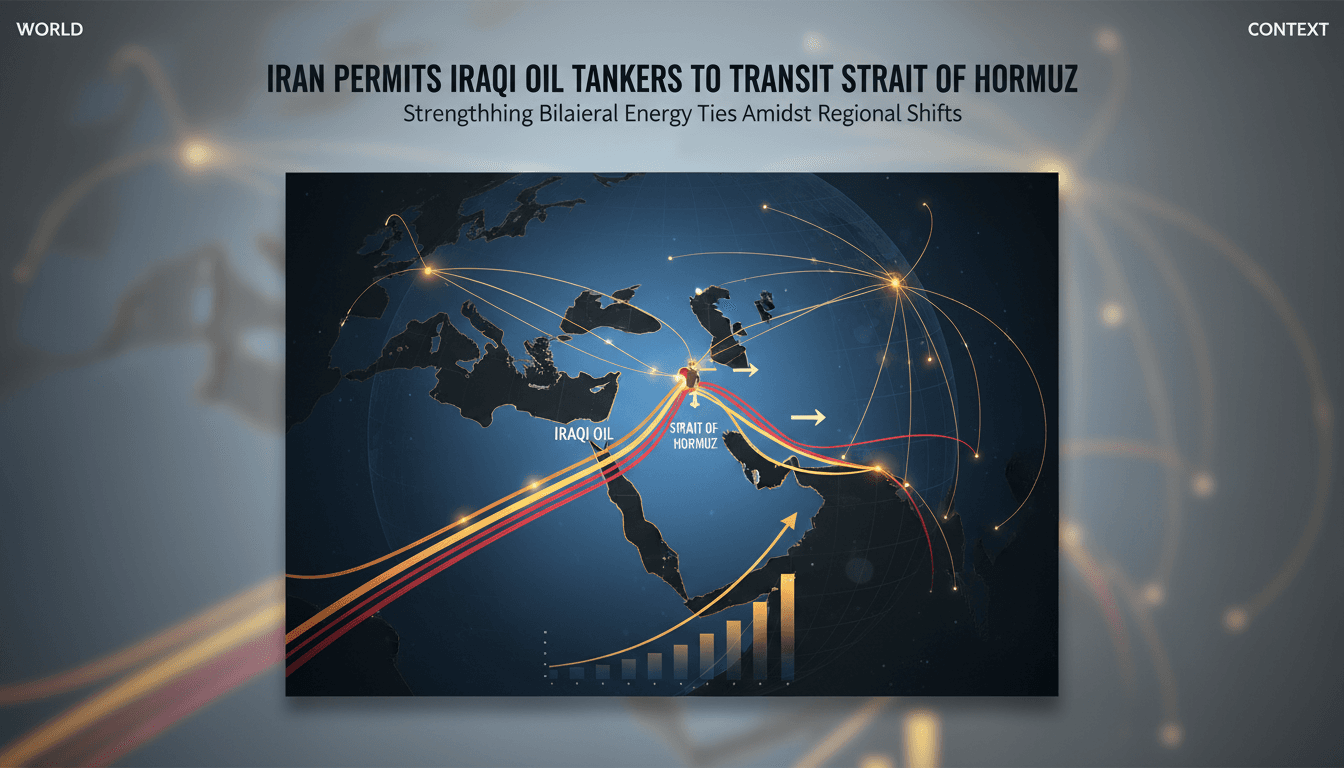 Infographic showing oil flow through the Strait of Hormuz, highlighting Iran's authorization for Iraqi tankers.