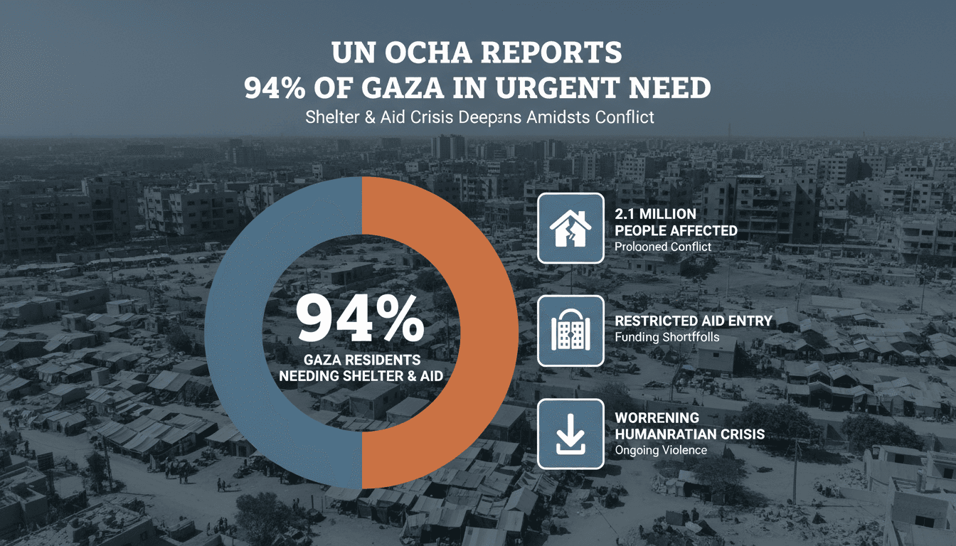 Infographic showing 94% of Gaza residents require urgent shelter and basic household assistance, highlighting the humanitarian crisis.