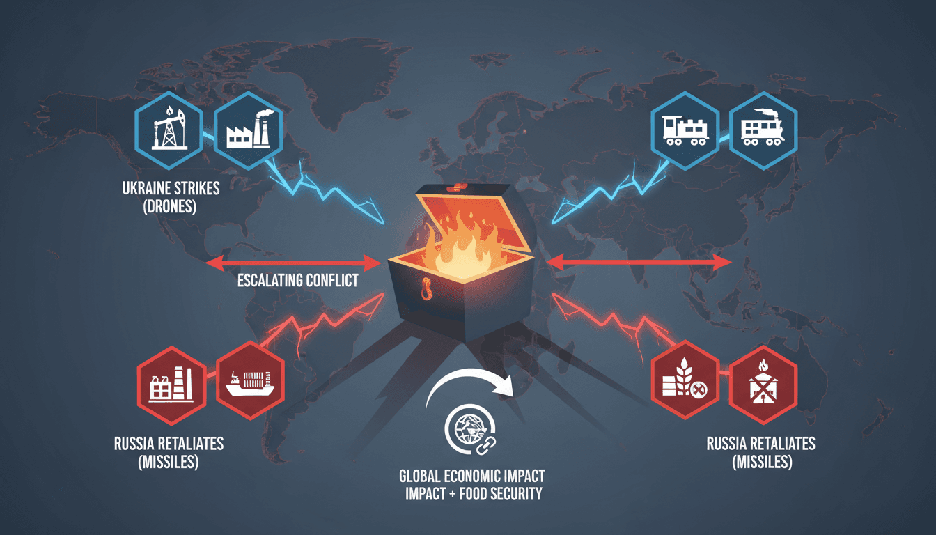 Infographic showing the escalation of economic strikes between Russia and Ukraine, highlighting key sectors affected.