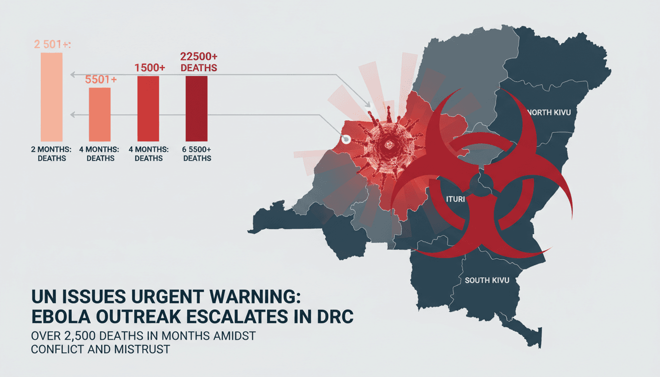 Infographic showing the spread of the Ebola outbreak in the DRC, highlighting affected provinces and death toll.