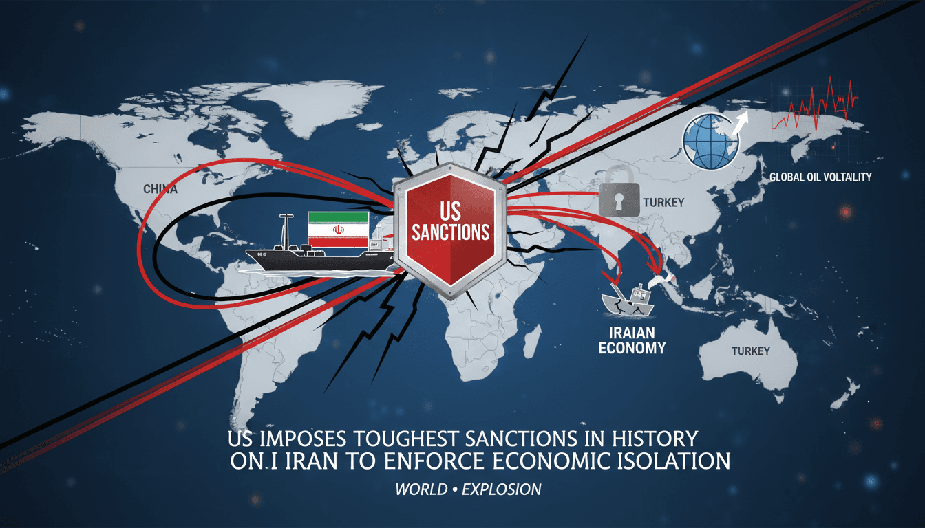 Infographic showing the impact of US sanctions on Iran's economy and global oil markets.