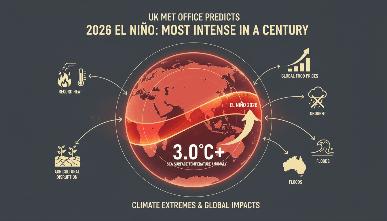 Infographic showing projected sea surface temperature anomalies for the 2026 El Niño and its global impacts.