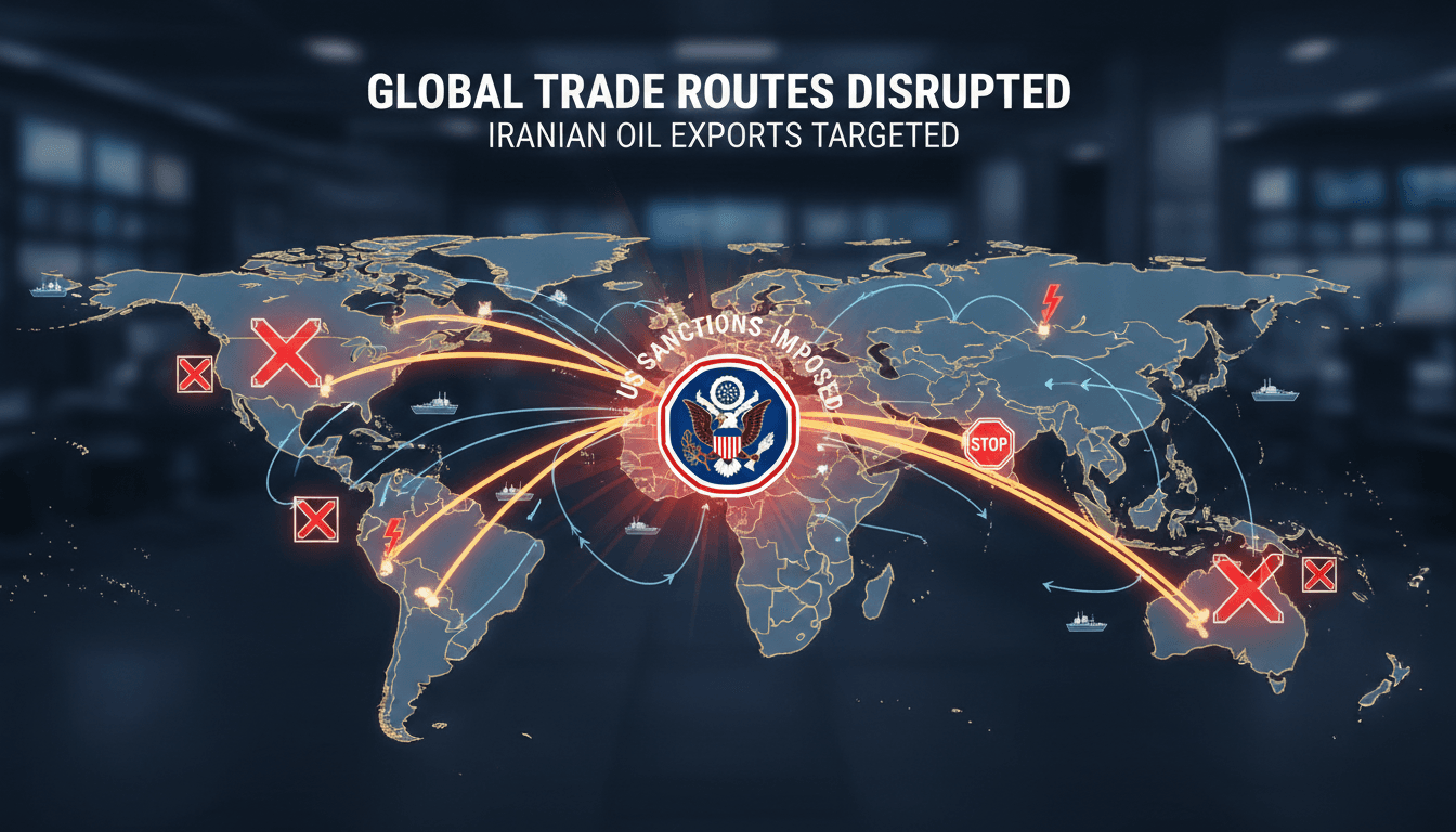 Infographic showing the impact of US sanctions on Iran's oil trade and global supply chains.