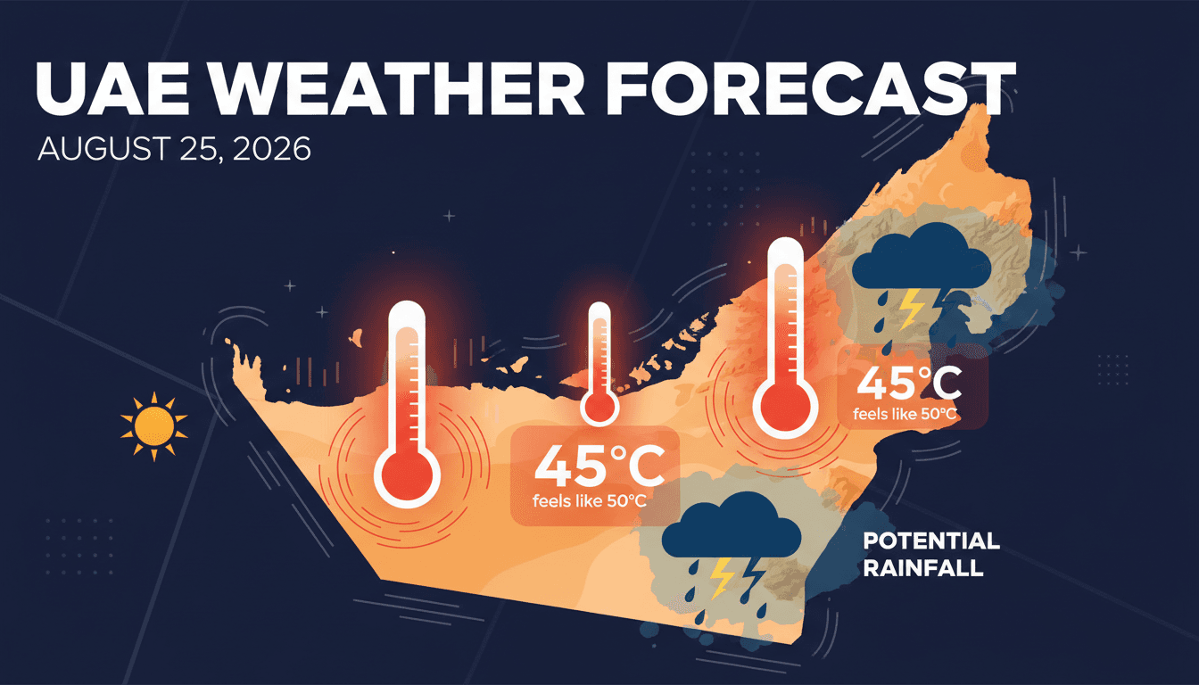 A weather forecast graphic for the UAE showing high temperatures and rainfall predictions for August 25, 2026.