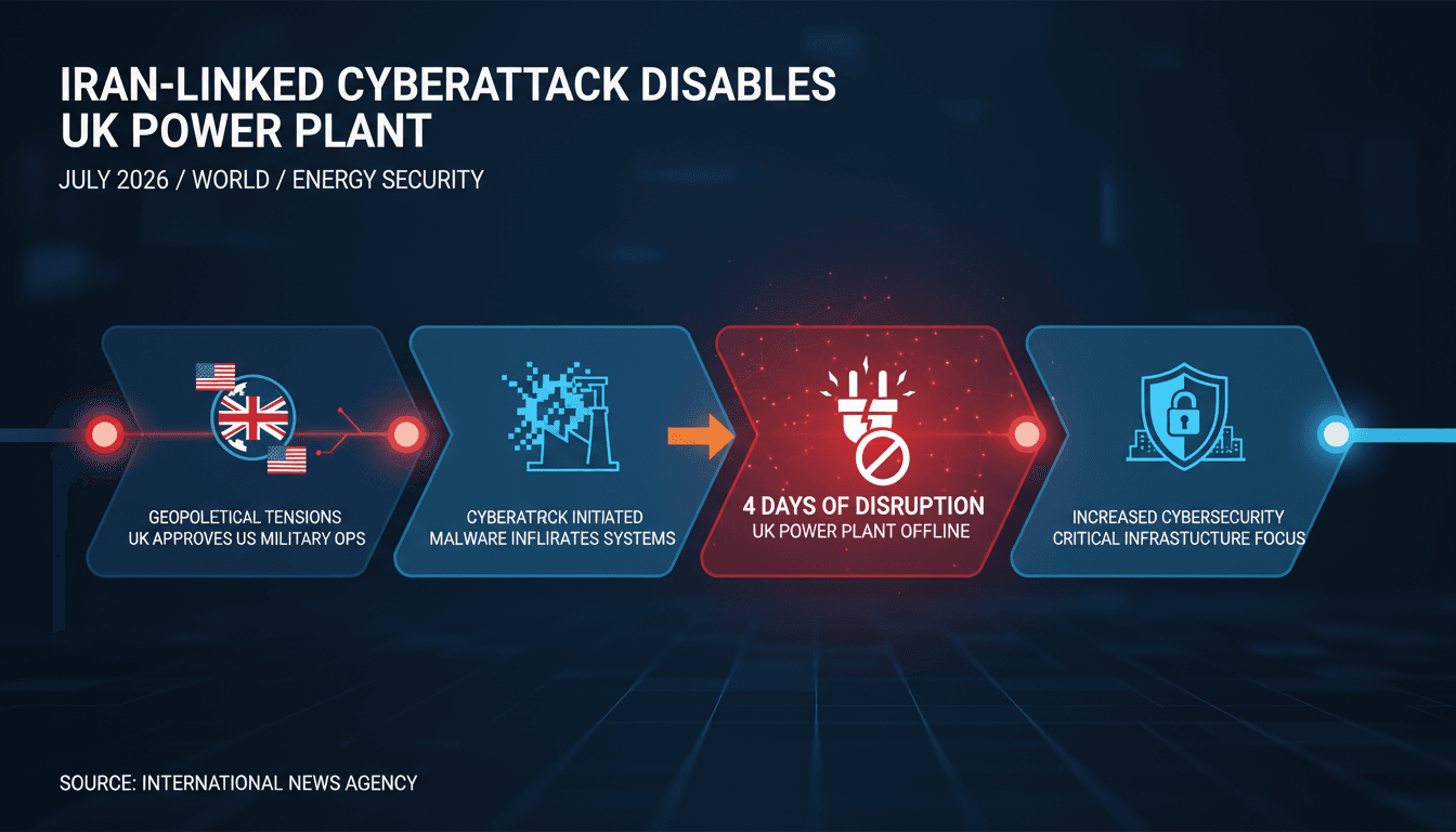 Infographic showing the timeline and impact of the Iran-linked cyberattack on a UK power plant.