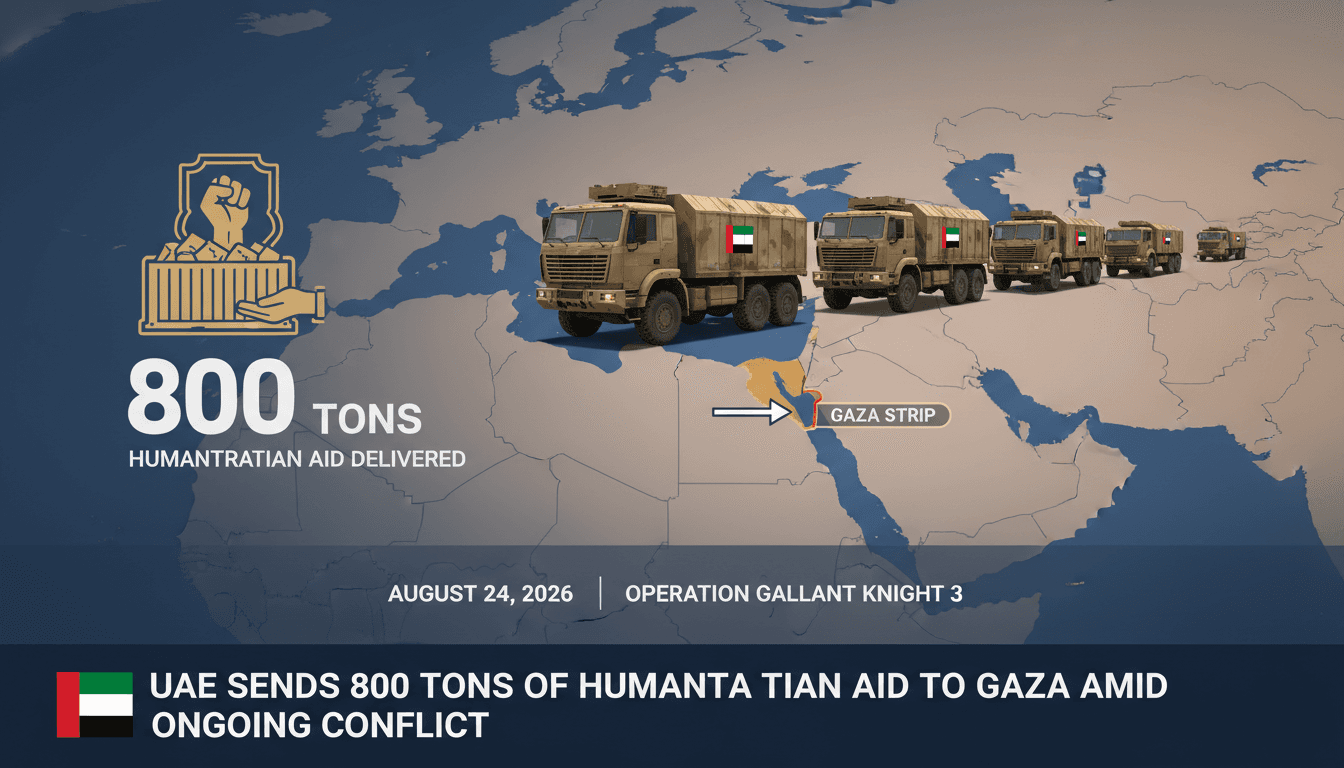 Infographic detailing UAE's humanitarian aid operation to Gaza, highlighting 800 tons of supplies delivered.