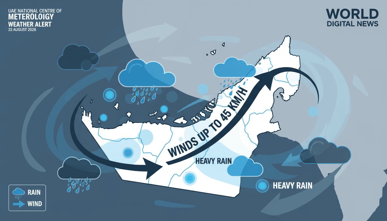 A weather map showing rainfall and wind forecasts for the UAE, highlighting areas of concern.