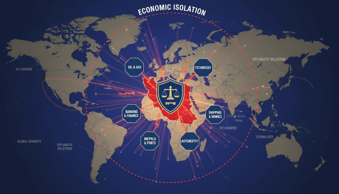 Infographic showing sectors targeted by US sanctions against Iran and their global trade implications.