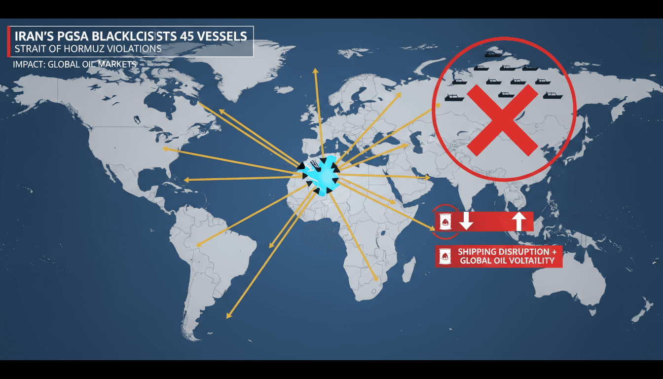 Infographic showing oil flow through the Strait of Hormuz and implications of the PGSA's vessel blacklist.
