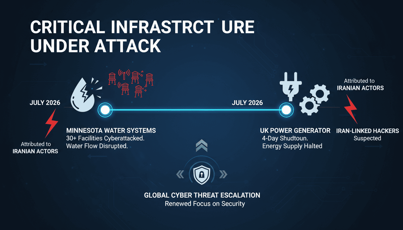 Infographic detailing the timeline of Iran-linked cyberattacks on critical infrastructure.