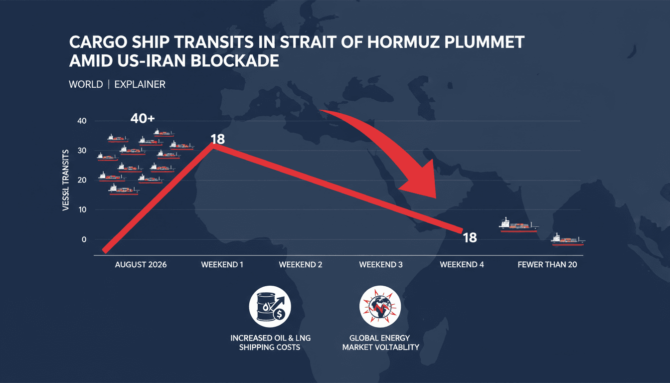 Infographic showing the decline in cargo vessel transits through the Strait of Hormuz and its impact on energy markets.