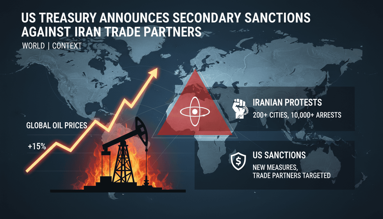 Infographic showing rising oil prices and statistics on Iranian protests and sanctions.