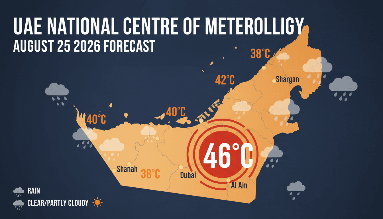 A weather forecast graphic for the UAE showing temperatures and rain predictions for August 25, 2026.
