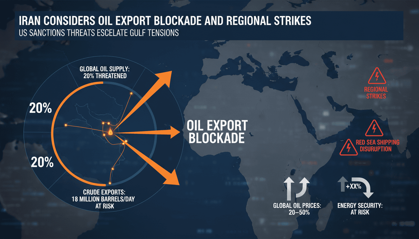 Infographic showing the Strait of Hormuz and potential impacts of Iran's oil export blockade on global energy markets.