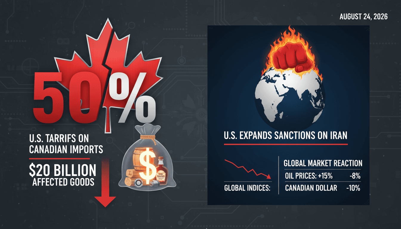 Infographic showing the impact of U.S. tariffs on Canadian goods and market reactions.