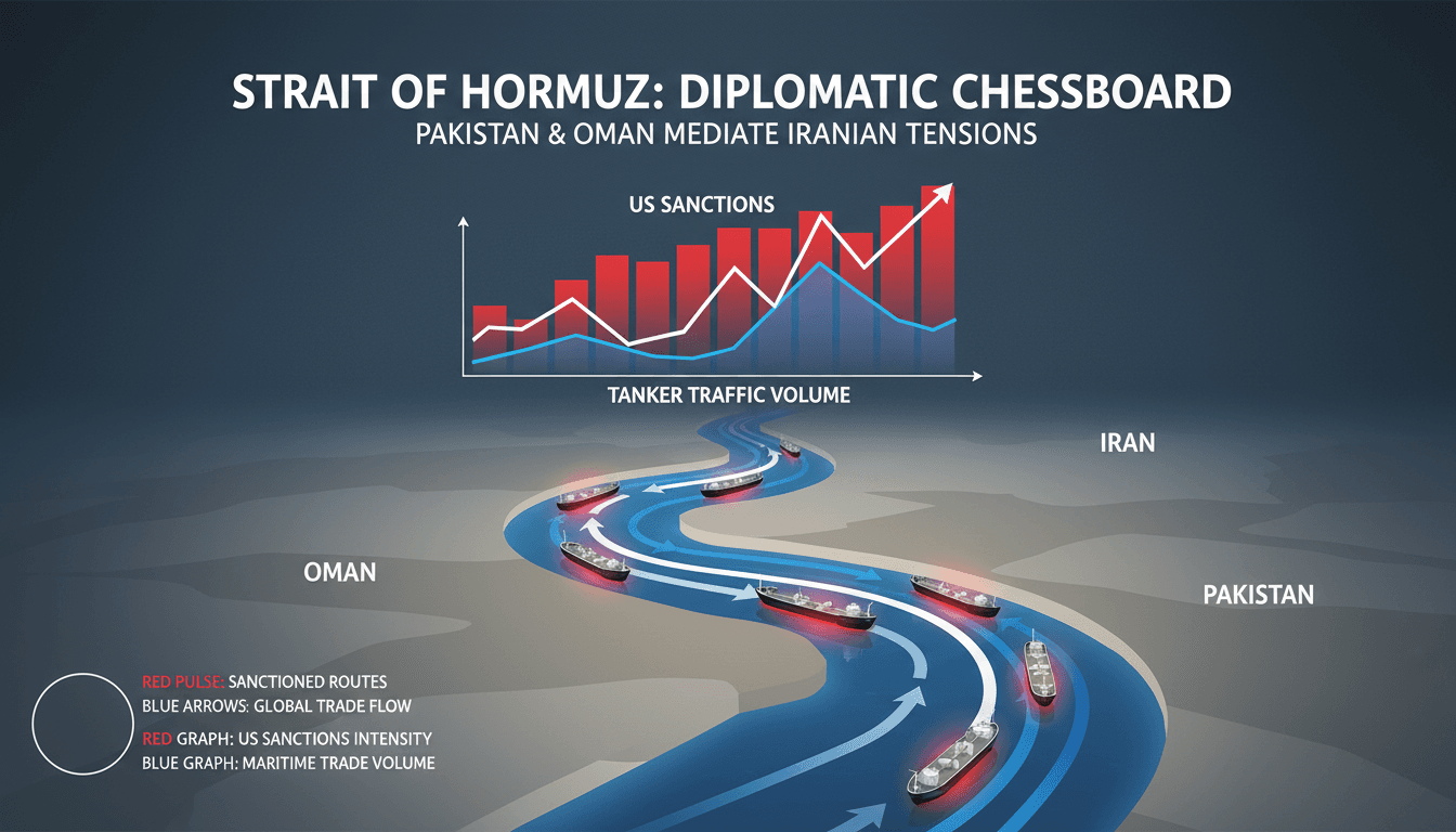 Infographic showing tanker traffic through the Strait of Hormuz and its relation to US sanctions on Iran.