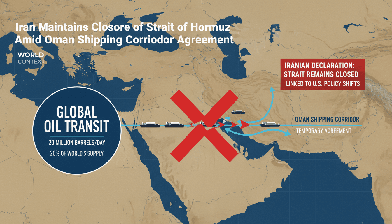 Map of the Strait of Hormuz showing shipping routes and energy trade statistics.