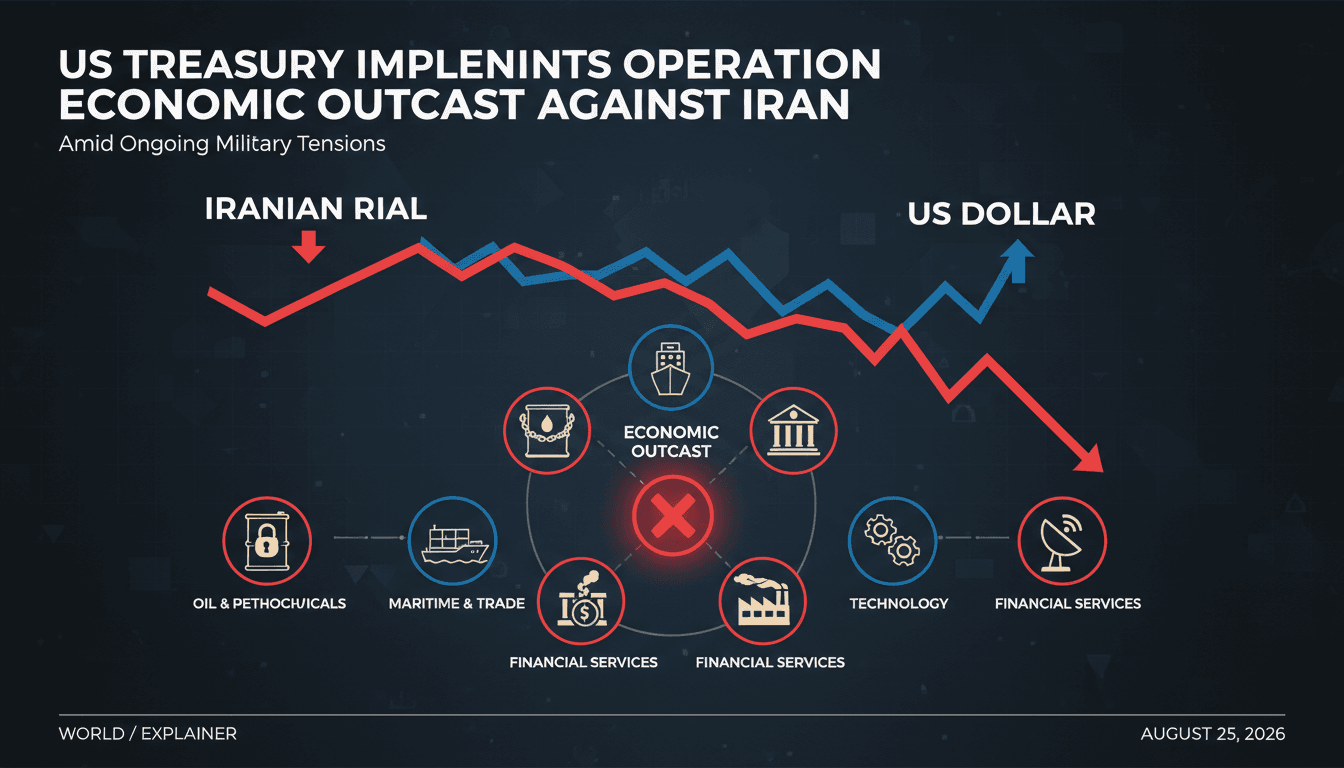 Infographic showing the depreciation of the Iranian rial and sectors affected by US sanctions.