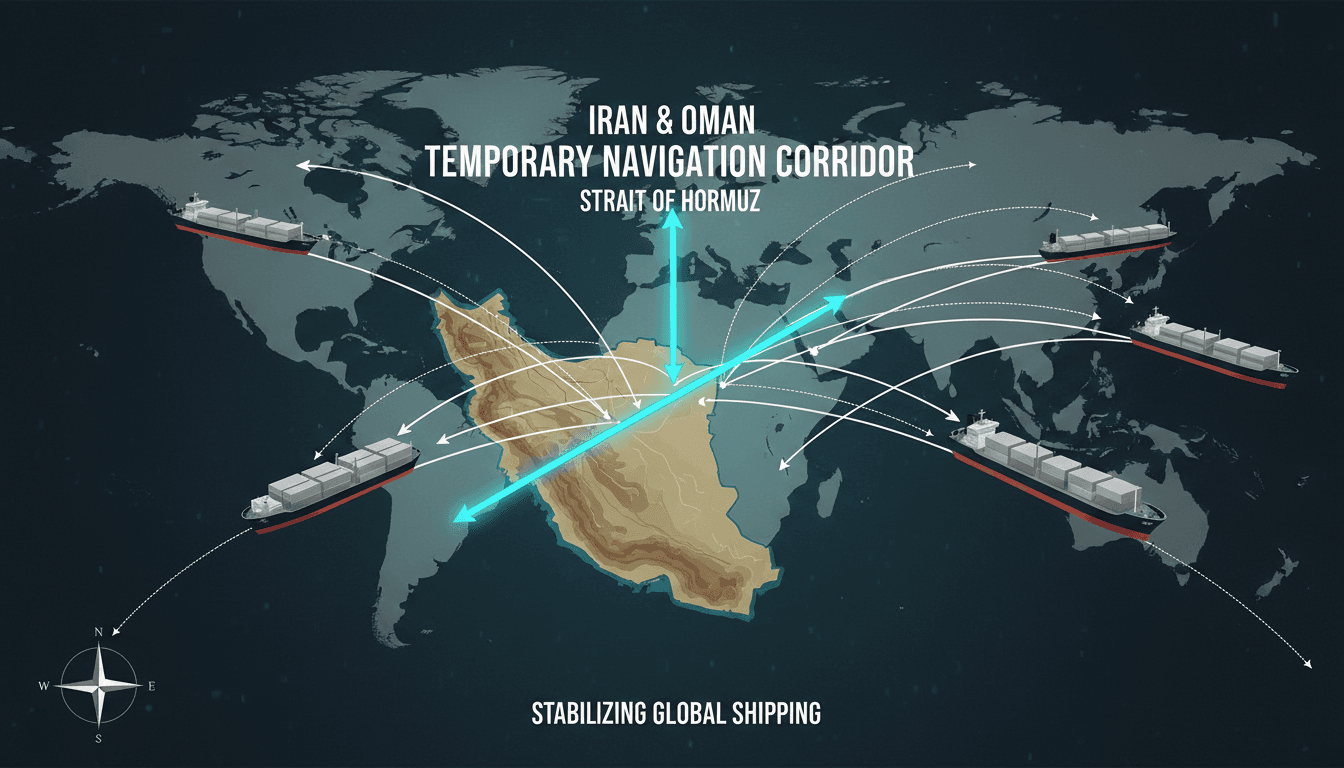 Infographic showing the 7-mile joint navigation corridor in the Strait of Hormuz, highlighting its importance for global shipping.