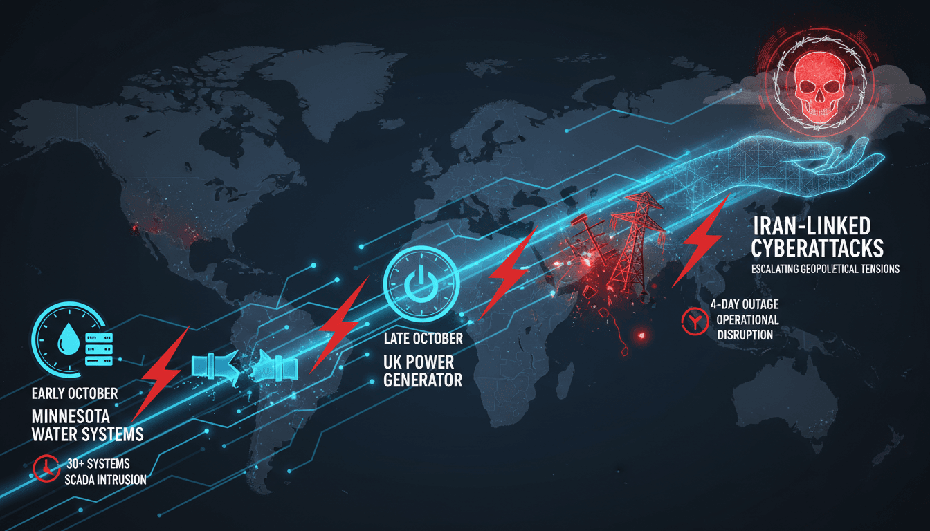 Infographic showing timeline of Iran-linked cyberattacks on UK power and Minnesota water systems.