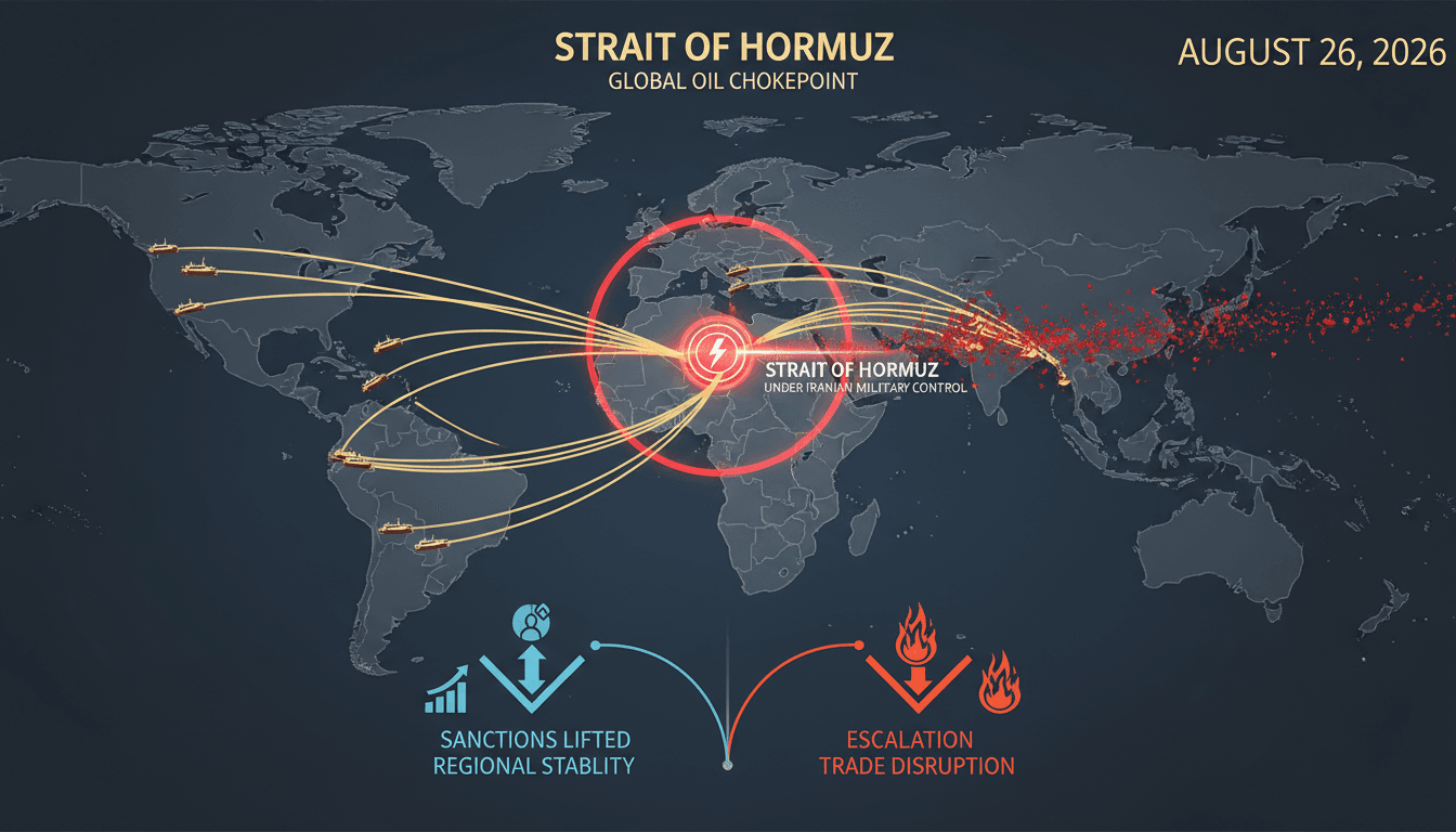 A map showing the Strait of Hormuz and its significance in global oil trade, highlighting Iran's military control.