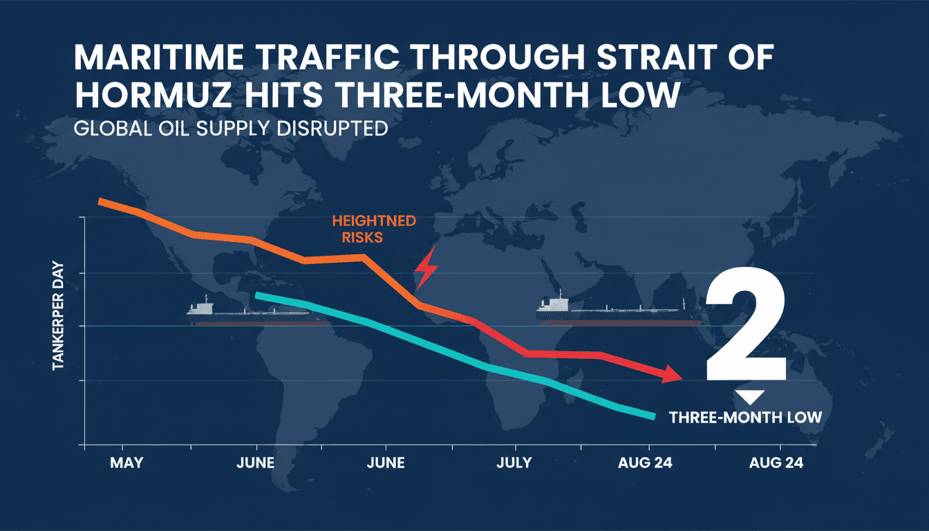 Infographic showing the decline in tanker traffic through the Strait of Hormuz, highlighting geopolitical impacts on shipping.